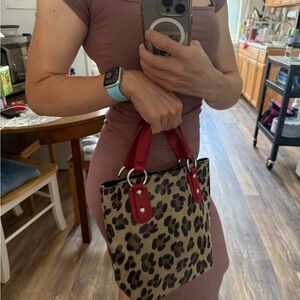 Maurizio Taiuti Italian Leather Leopard Print Tote Bag Red Handles